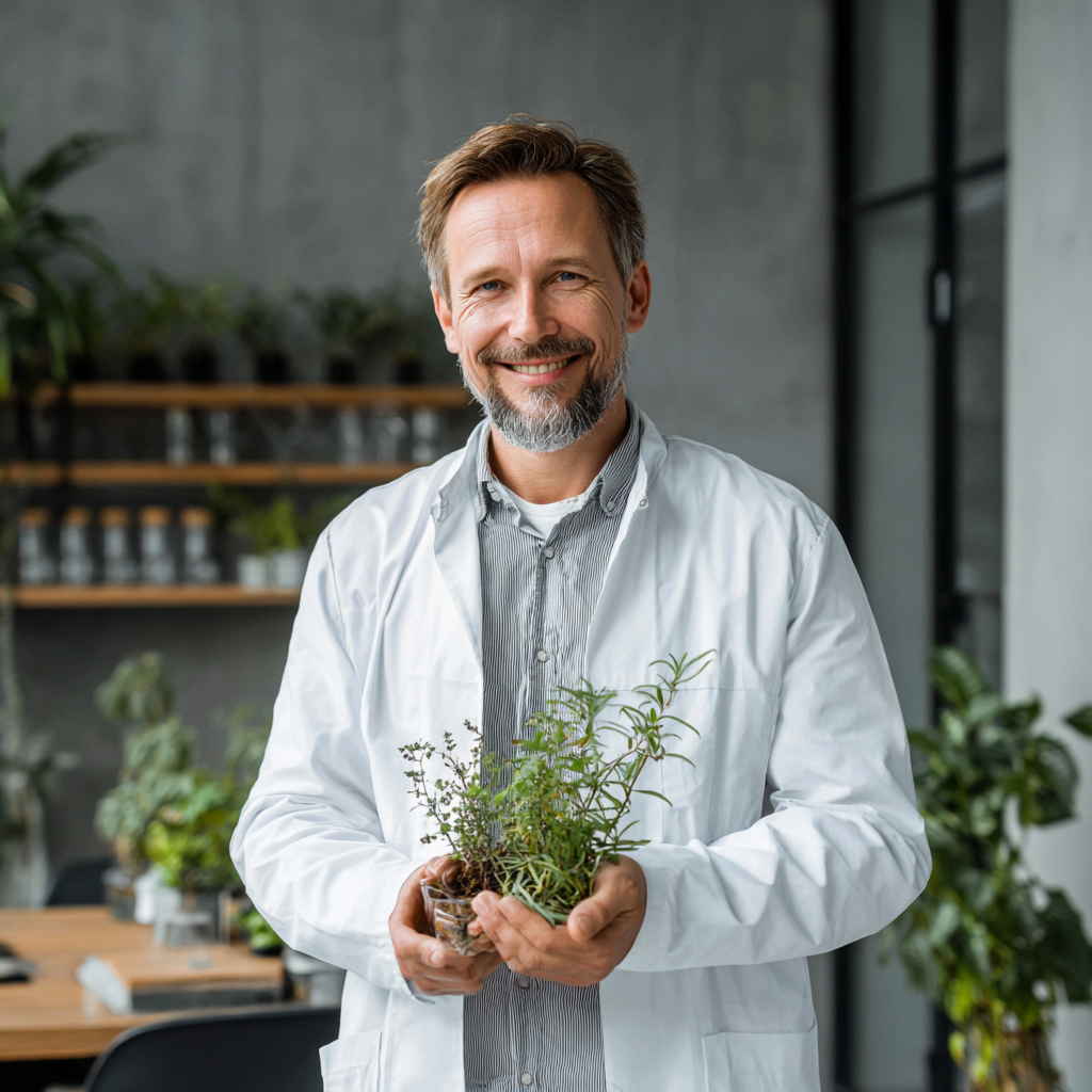 Smiling middle-aged European woman with healthy glowing skin, holding a colorful bowl of fresh vegetables and fruits, natural lighting, realistic photography style