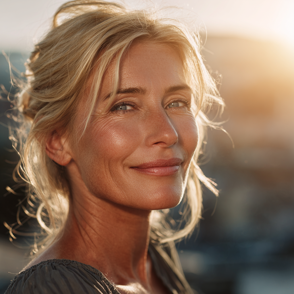 Smiling middle-aged European woman applying natural skincare products in a bright bathroom setting, natural oils and herbs visible, soft lighting, wellness lifestyle photography